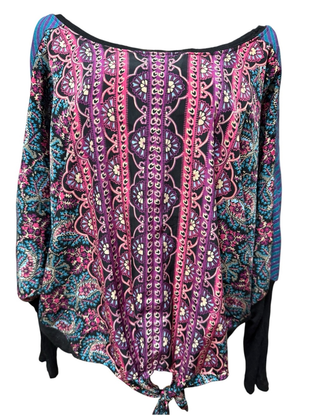 Figueroa & Flower Boho Tie-Front Dolman Sleeve Printed Top Purple Teal Large